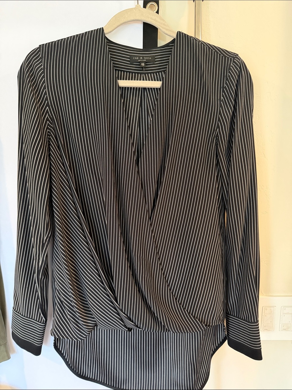 rag & bone Black and White Pinstripe Wrap Blouse